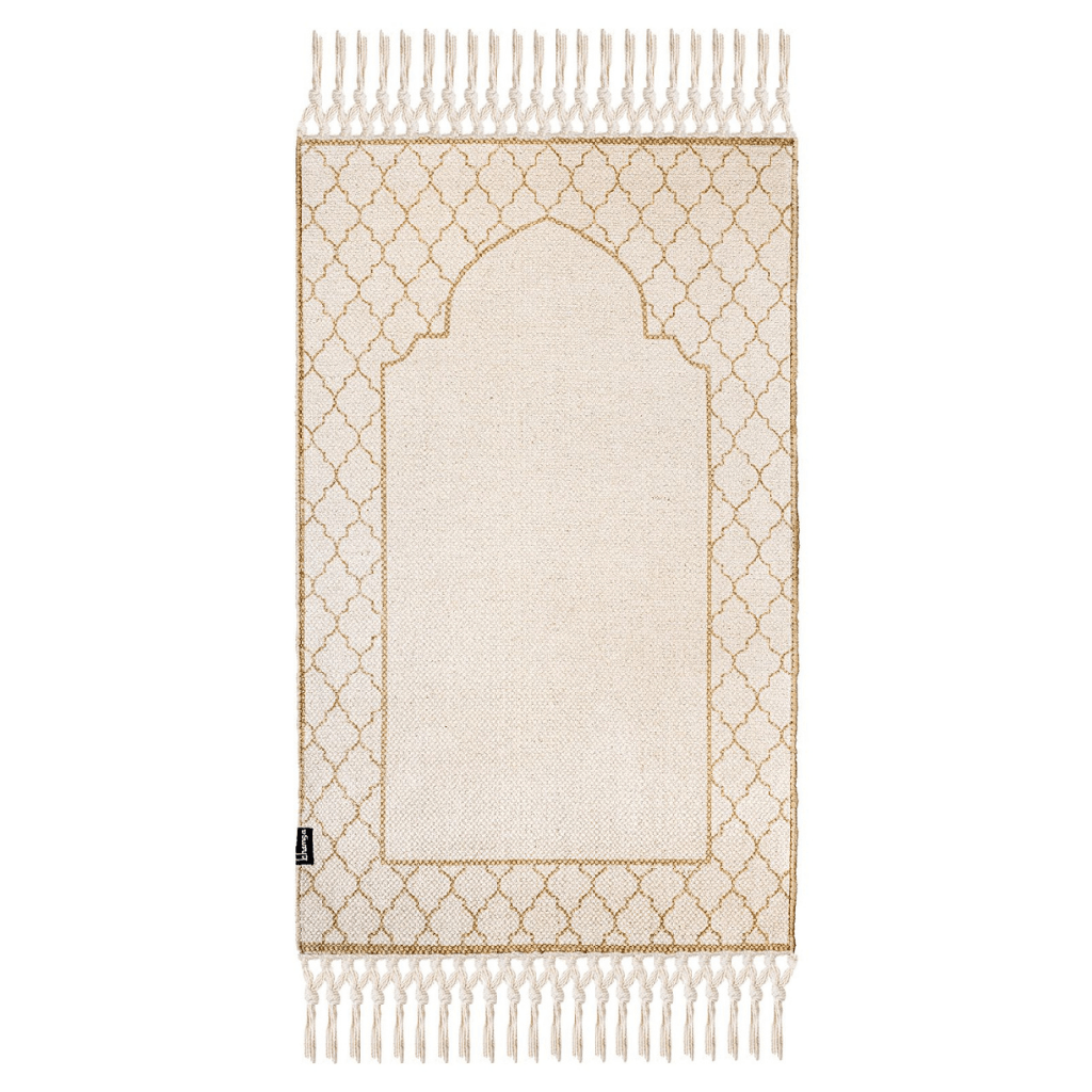 Khamsa Classic | Muslim Prayer Rug Prayer Mat Children Size 55 cm x 100 cm Arabic Style Janamaz in 100% Soft Organic Cotton Fabric Handcrafted Arabic Design | Asmar - Tan